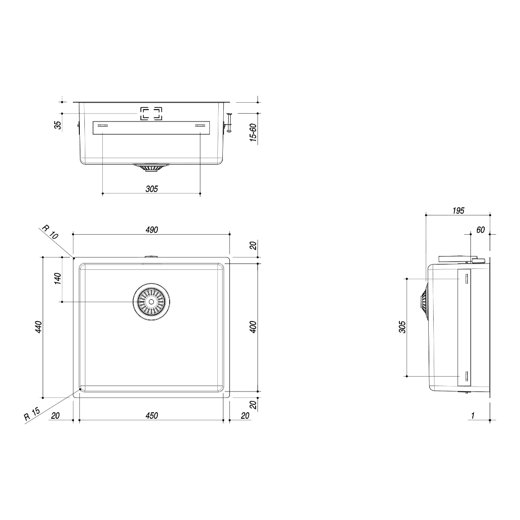 BARAZZA 1X4540I KITCHEN SINK TECHNICAL DRAWING WITH DIMENSIONS