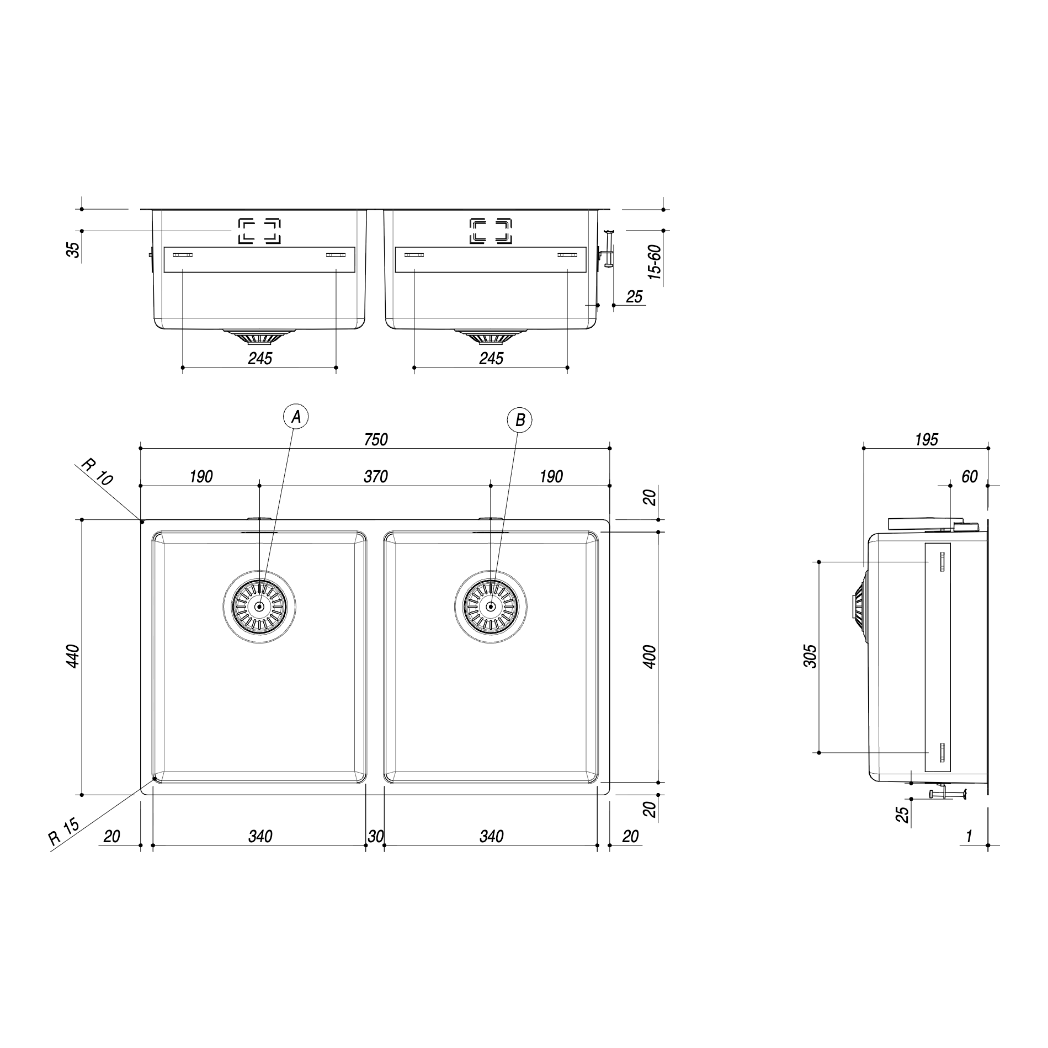 BARAZZA 1X842I KITCHEN SINK TECHNICAL DRAWING WITH DIMENSIONS