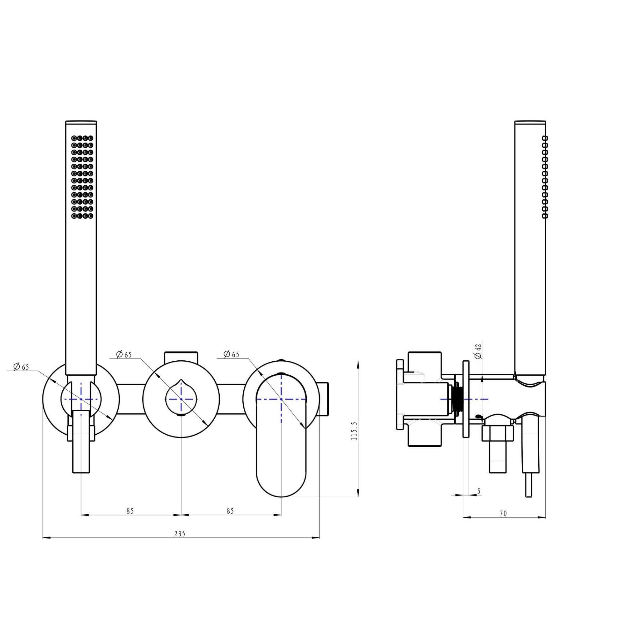 LINSOL CAPO 3-PLATE WALL MIXER WITH HAND SHOWER BRUSHED BRASS