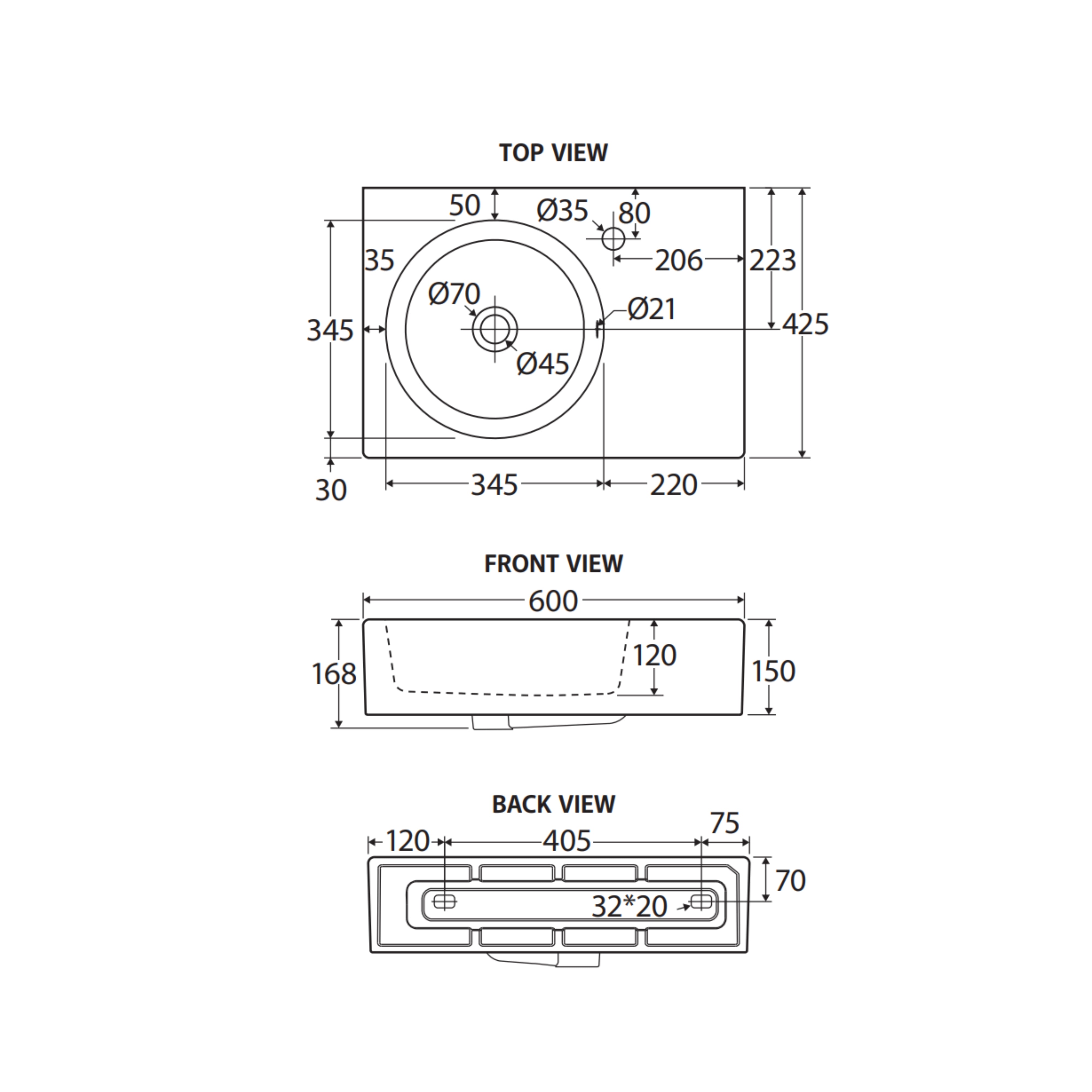 FIENZA REBA WALL HUNG LEFT-HAND BASIN GLOSS WHITE 600MM