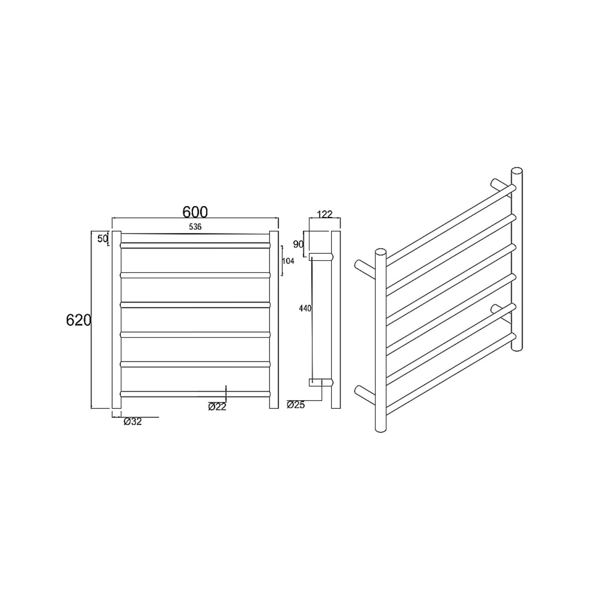 AQUAPERLA 6-BAR ROUND LADDER HEATED TOWEL RAIL 620MM BLACK