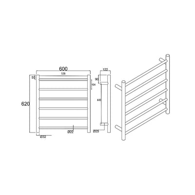 AQUAPERLA 6-BAR ROUND LADDER HEATED TOWEL RAIL 620MM BLACK