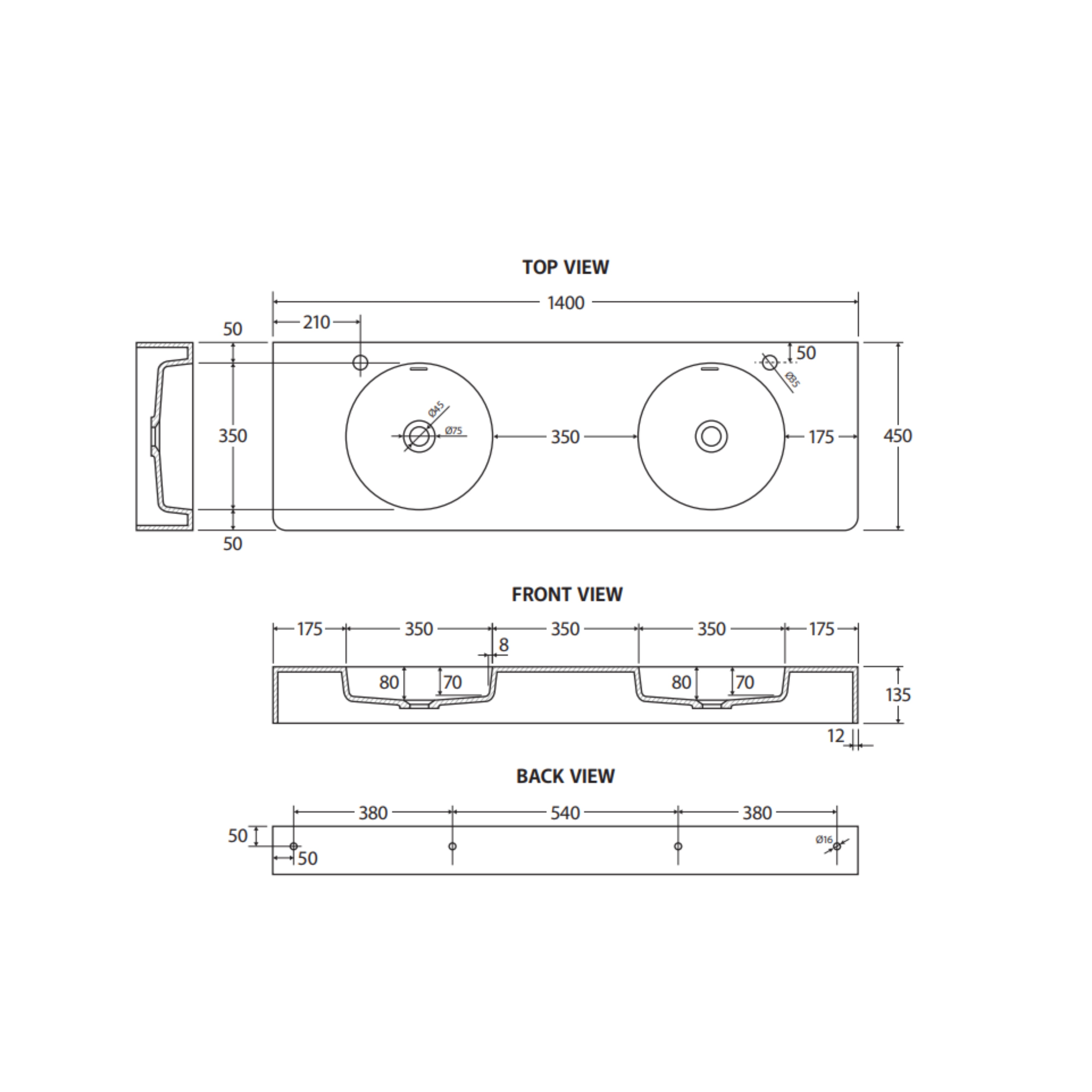 FIENZA ENCANTO SOLID SURFACE WALL HUNG BASIN WITH TAPHOLE MATTE WHITE 1400MM