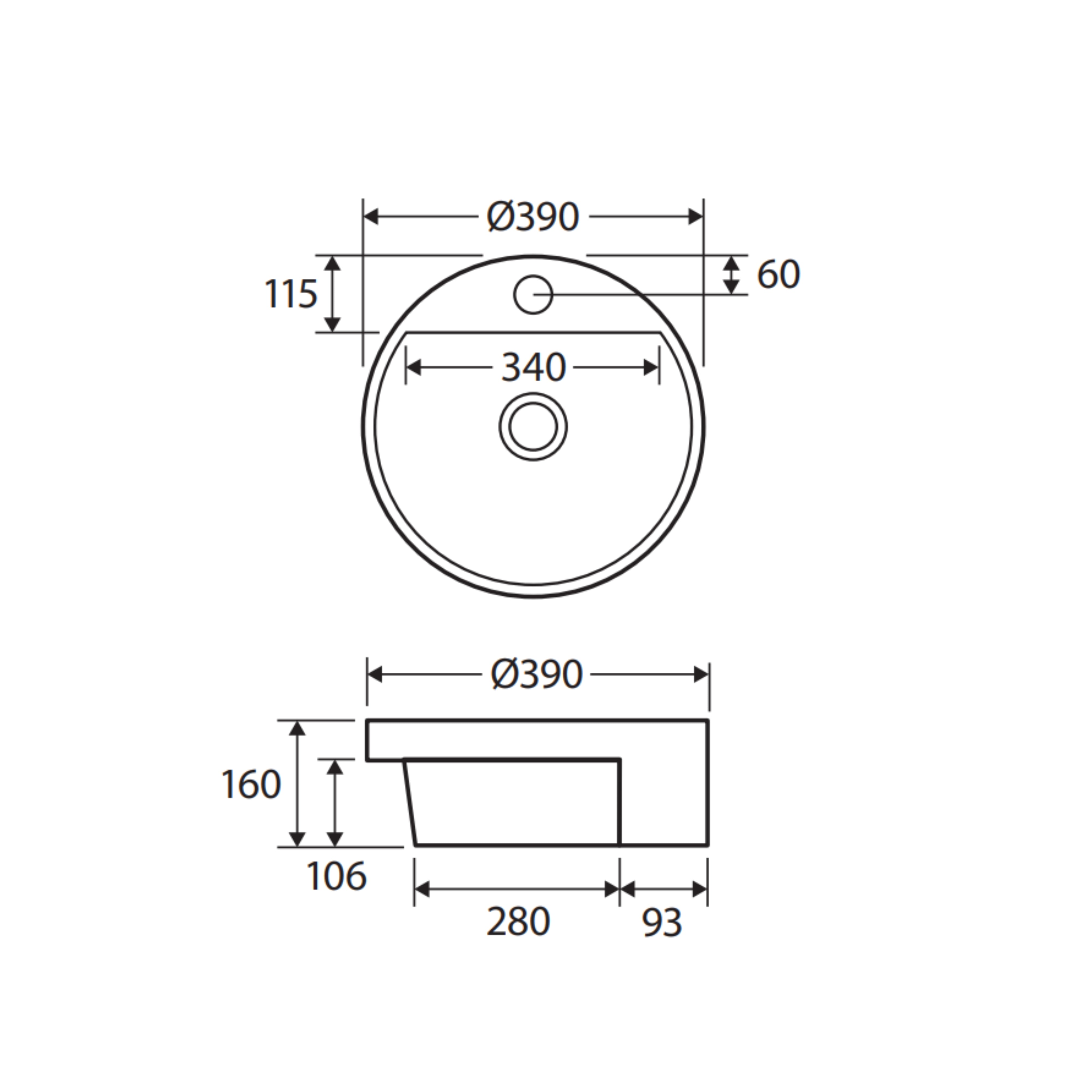 FIENZA REBA SEMI-RECESSED BASIN WITH TAPHOLE GLOSS WHITE 390MM