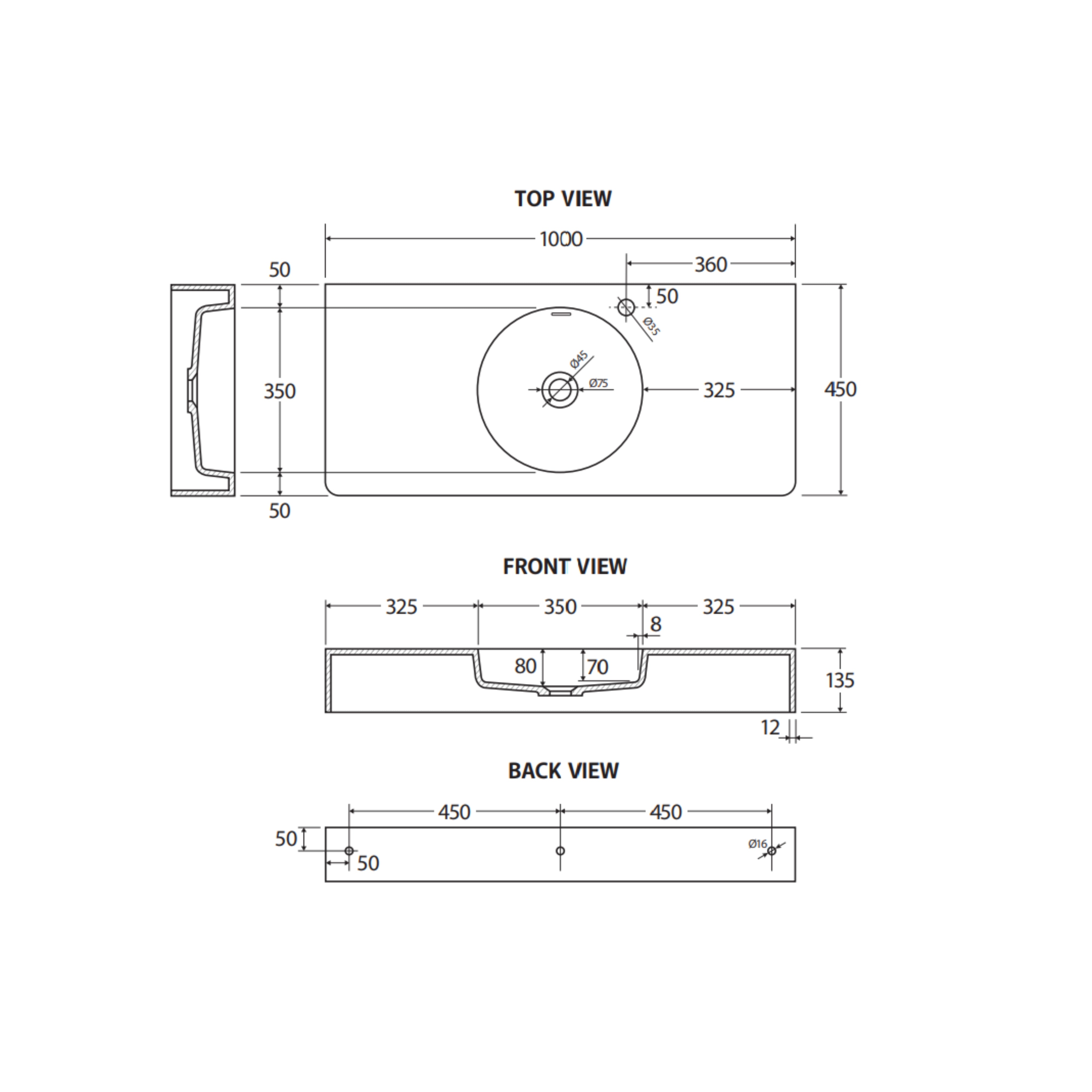 FIENZA ENCANTO SOLID SURFACE WALL HUNG BASIN WITH TAPHOLE MATTE WHITE 1000MM