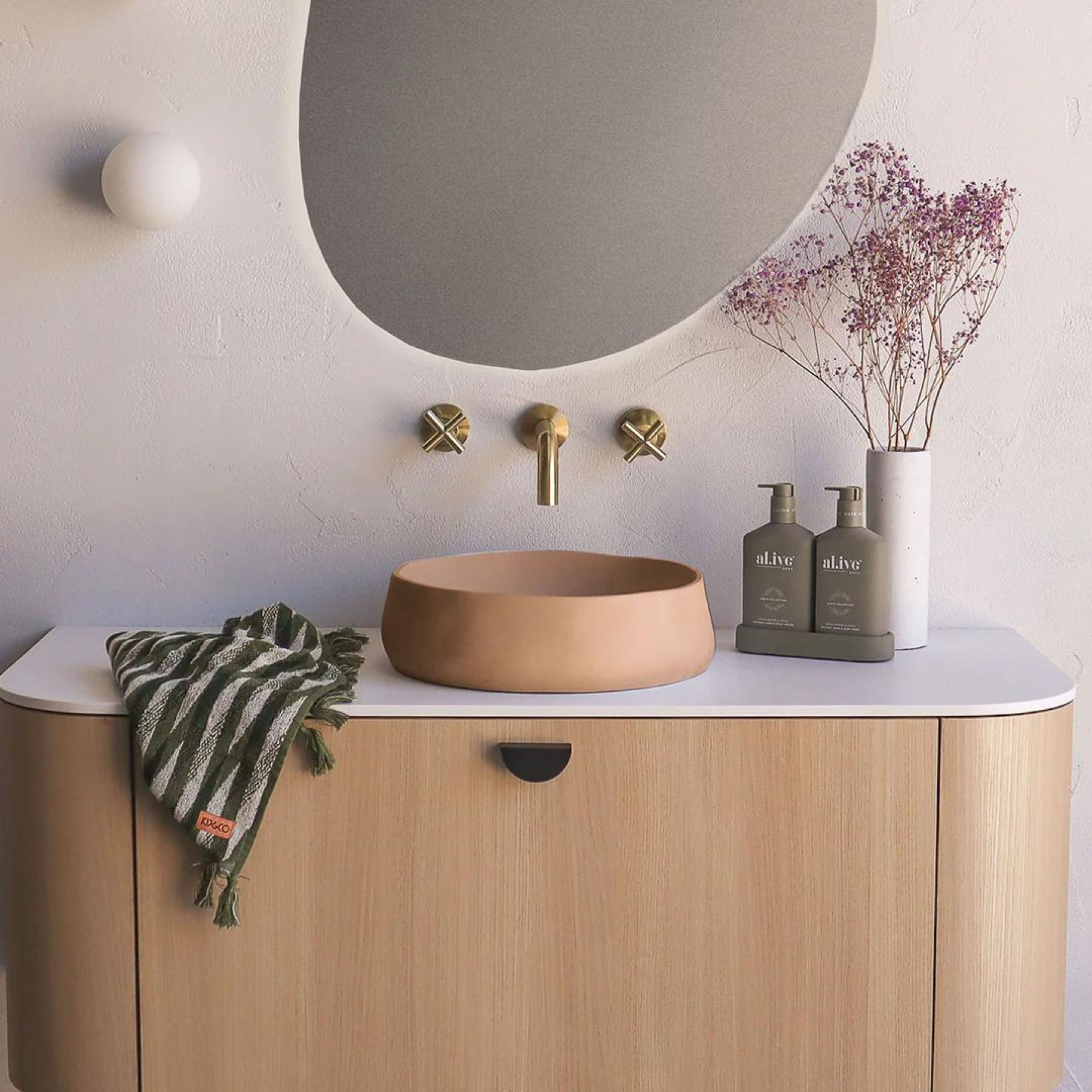 NOOD CO CONSCIOUS RANGE MILL ABOVE COUNTER / WALL HUNG BASIN PASTEL PEACH 380MM