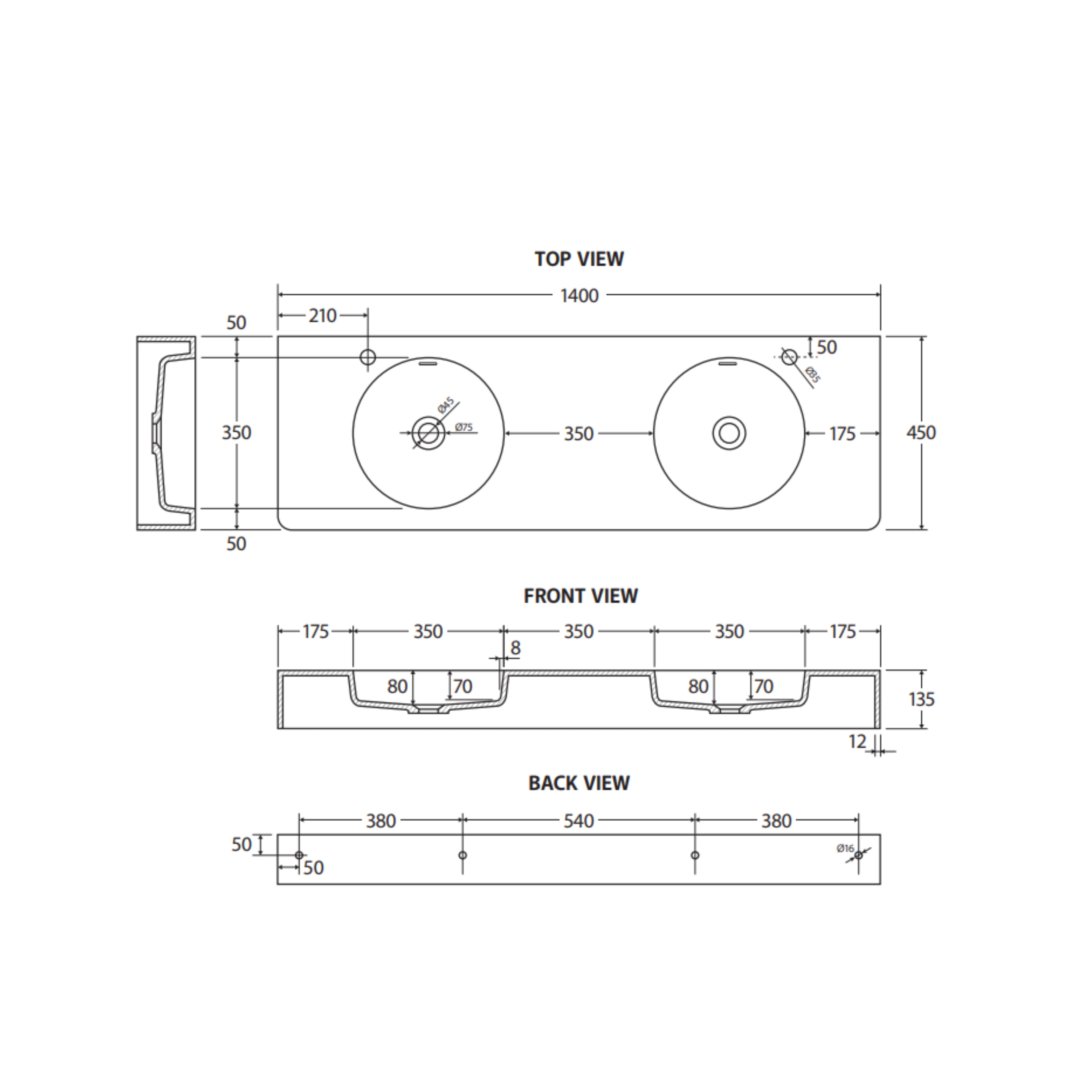FIENZA ENCANTO SOLID SURFACE WALL HUNG BASIN MATTE WHITE 1400MM