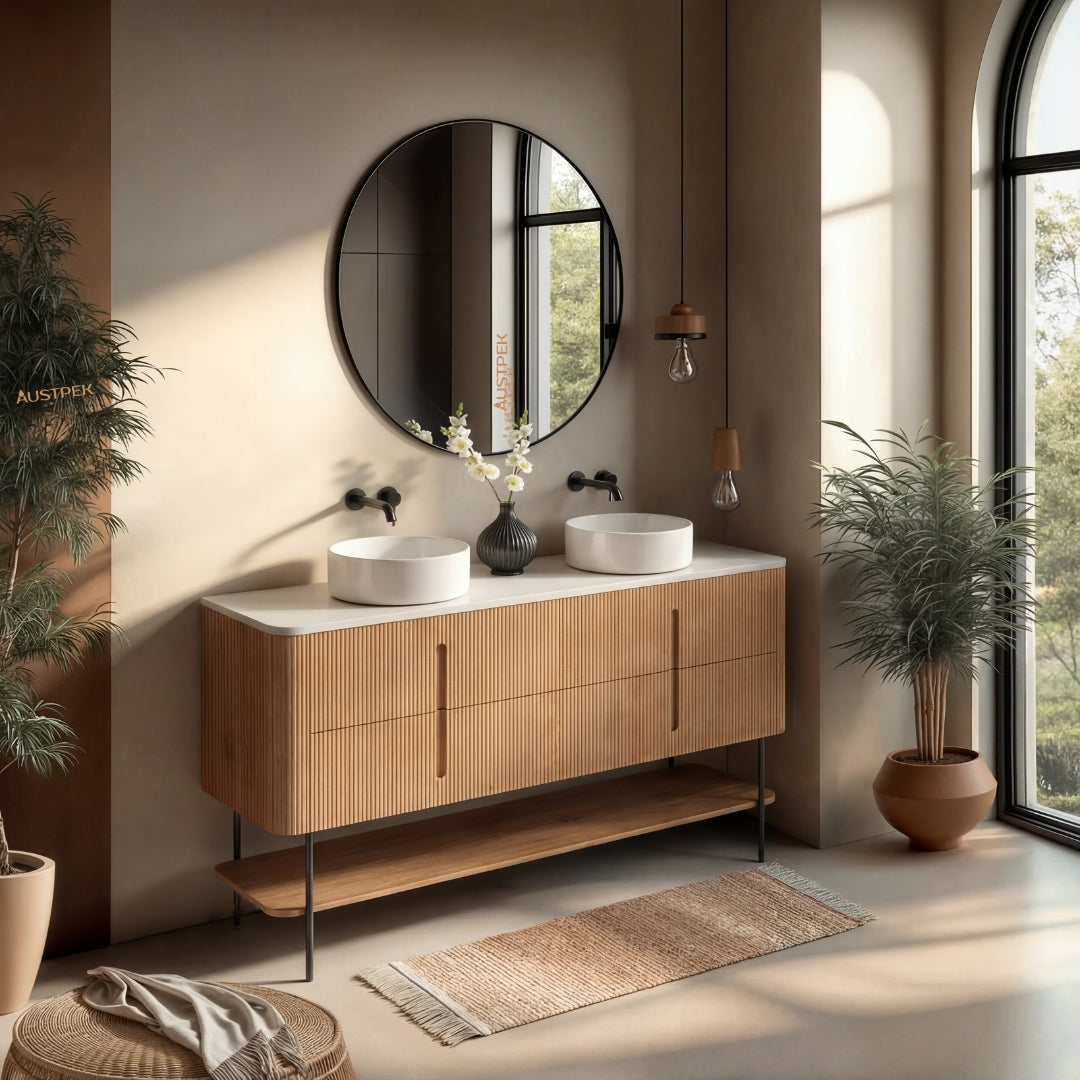 ORIO PINE LIGHT WALNUT FLUTED 1800MM CURVE DOUBLE BOWL FLOOR STANDING VANITY