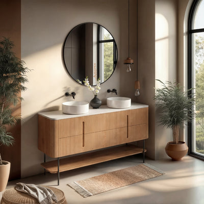 ORIO PINE LIGHT WALNUT FLUTED 1800MM CURVE DOUBLE BOWL FLOOR STANDING VANITY