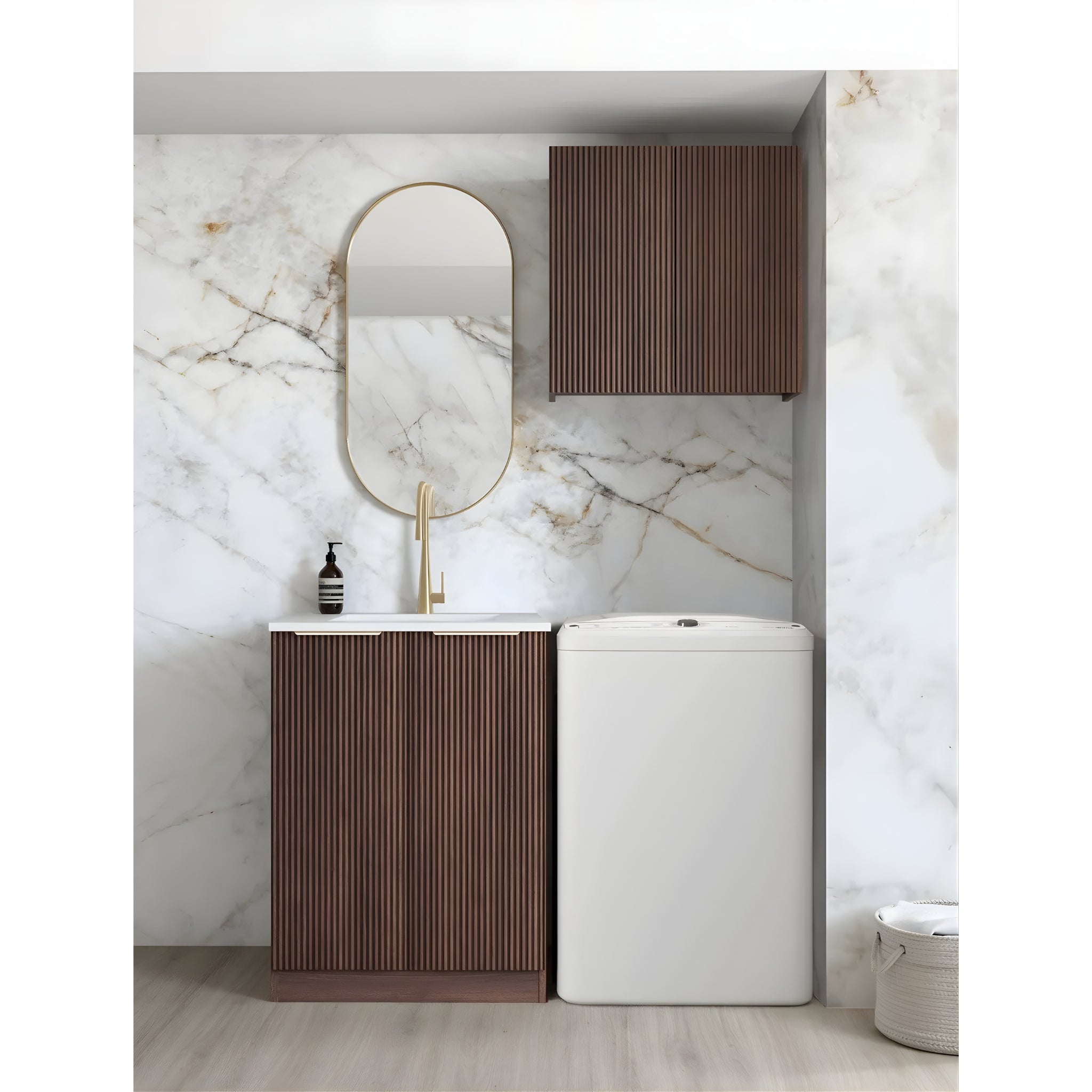 OTTI HAVANA SABLE WALNUT FLUTED 650MM MINI LAUNDRY SET WITH STONE TOP & SINK