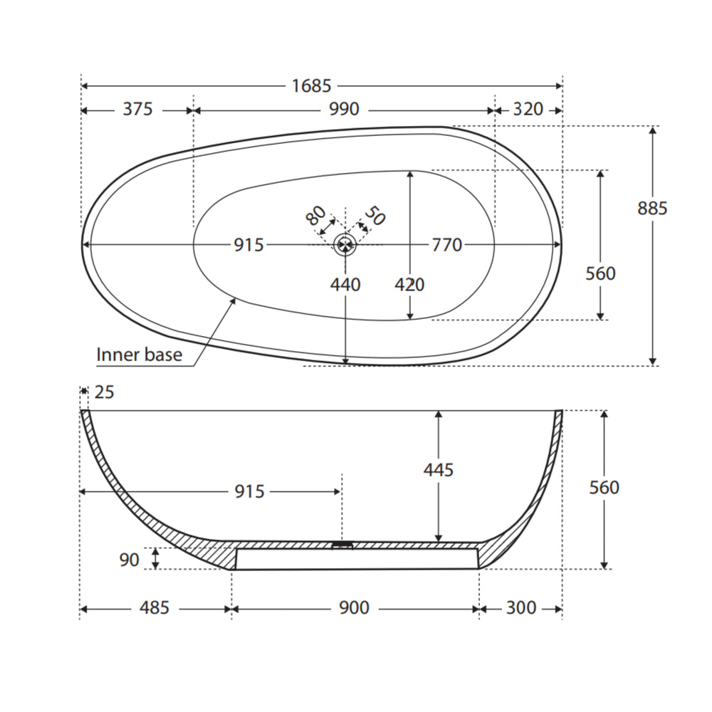 FIENZA BAHAMA SOLID SURFACE FREESTANDING BATHTUB MATTE WHITE (AVAILABLE IN 1500MM AND 1685MM)