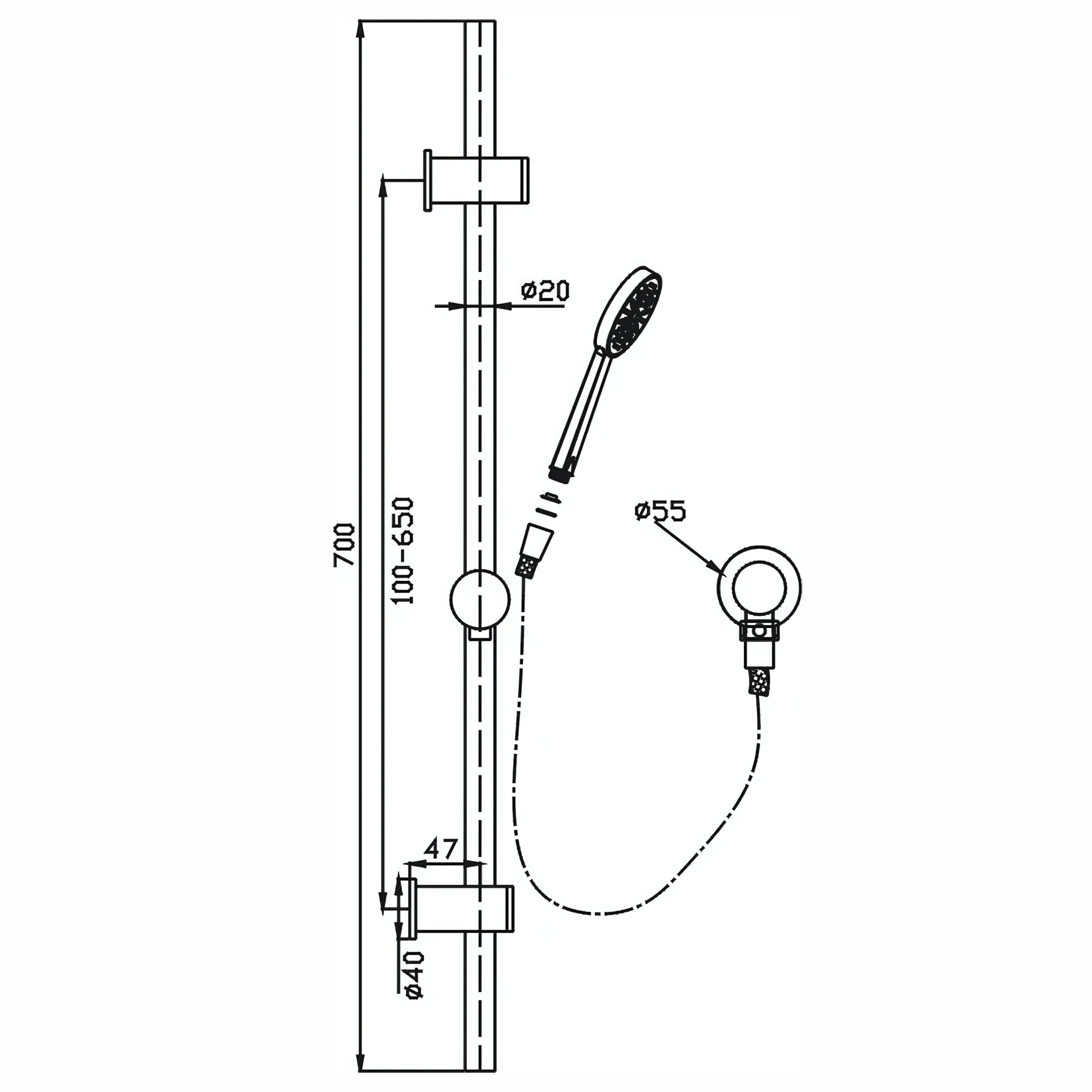 HELLYCAR LOGAN HAND SHOWER ON RAIL 700MM CHROME