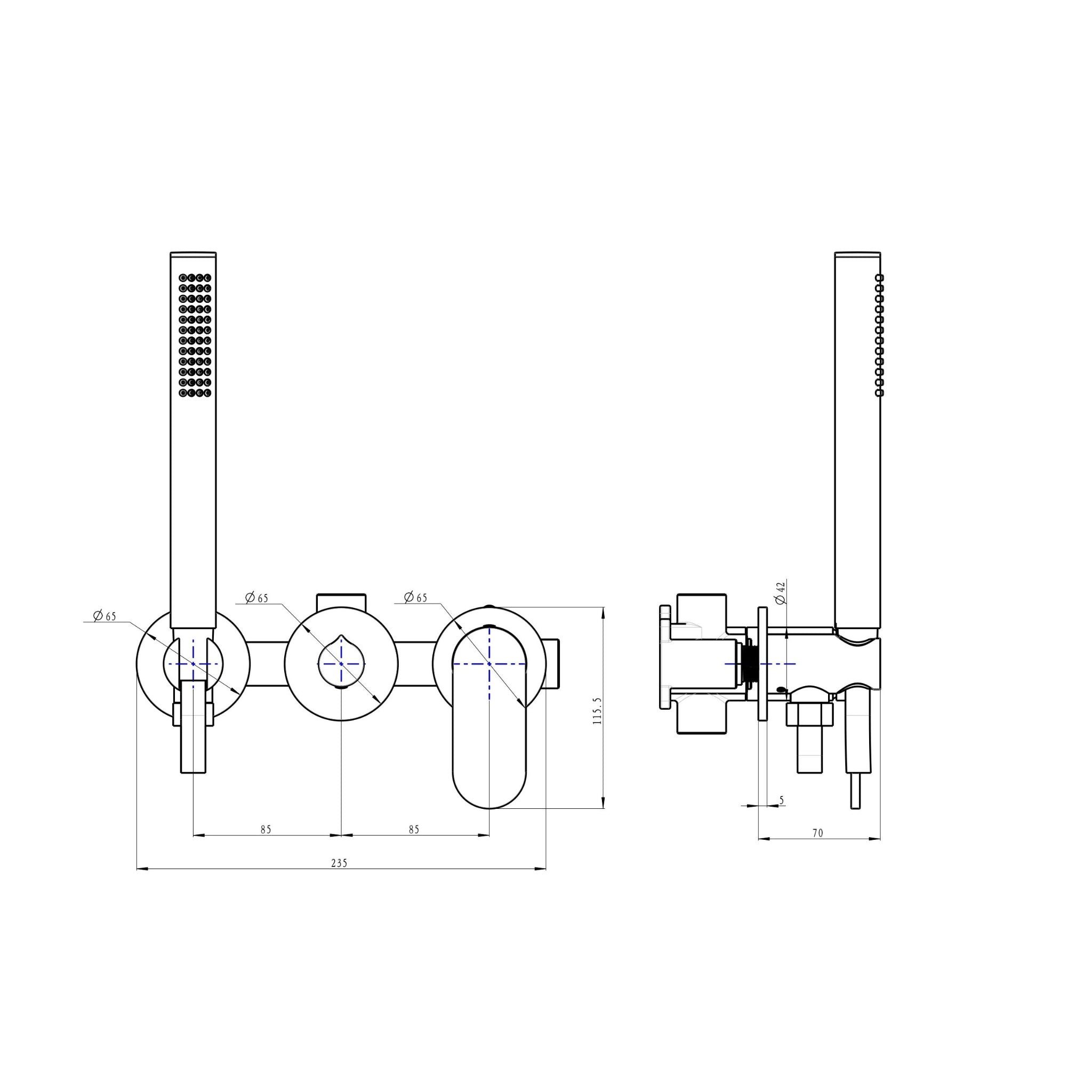 LINSOL CAPO 3-PLATE WALL MIXER WITH HAND SHOWER MATTE BLACK