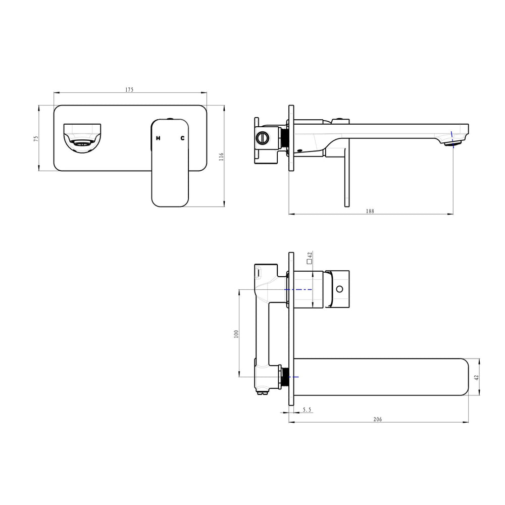 LINSOL ZIA WALL BASIN / BATH MIXER 175MM GUN METAL