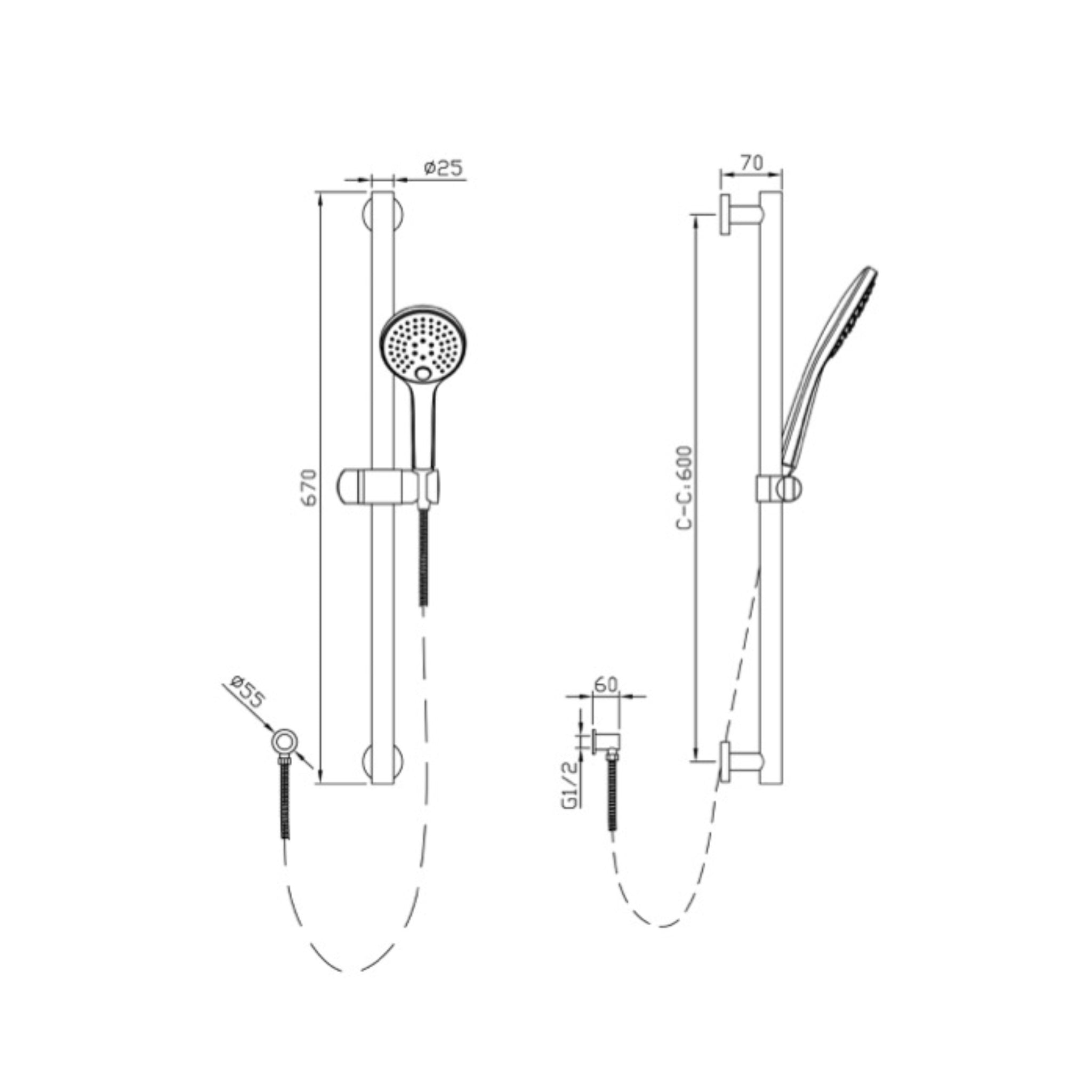 LINSOL MICO MULTIFUNCTION HAND SHOWER ON RAIL 670MM CHROME