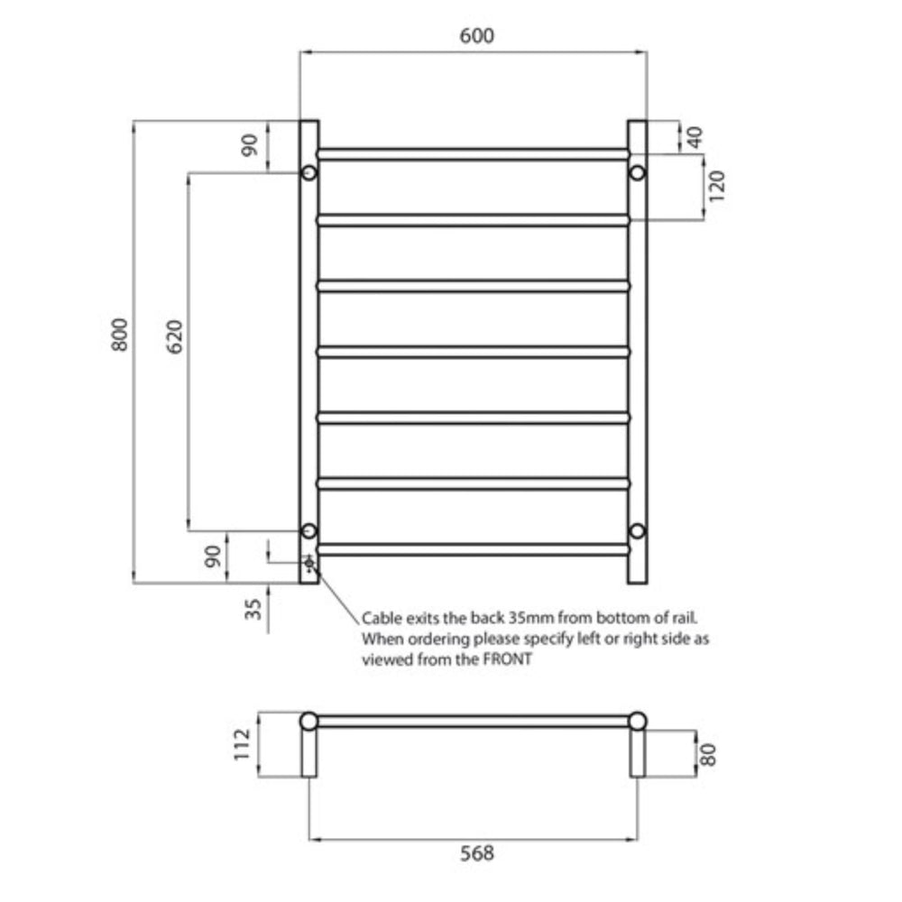 RADIANT HEATING 7-BARS ROUND HEATED TOWEL RAIL COOL BRUSHED NICKEL 600MM