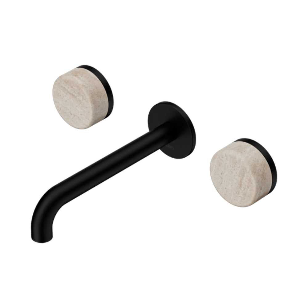 NERO SERENITY WALL BASIN SET SPOUT WITH ROME TRAVERTINE HANDLE MATTE BLACK (AVAILABLE IN 160MM, 185MM AND 220MM)