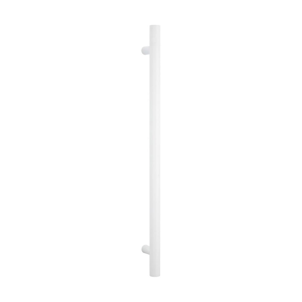 RADIANT HEATING VERTICAL ROUND HEATED SINGLE TOWEL RAIL WARM MATTE WHITE 950MM