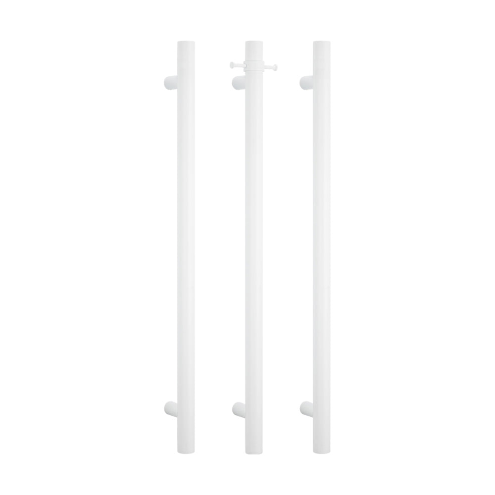 RADIANT HEATING VERTICAL ROUND HEATED SINGLE TOWEL RAIL WARM MATTE WHITE 950MM