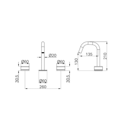 NERO SERENITY BASIN SET EDGE SPOUT WITH ARABESCATO CORCHIA HANDLE 210MM BRUSHED NICKEL