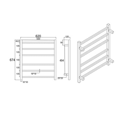 AQUAPERLA 6-BAR HEATED TOWEL RAIL BRUSHED BRASS 674MM