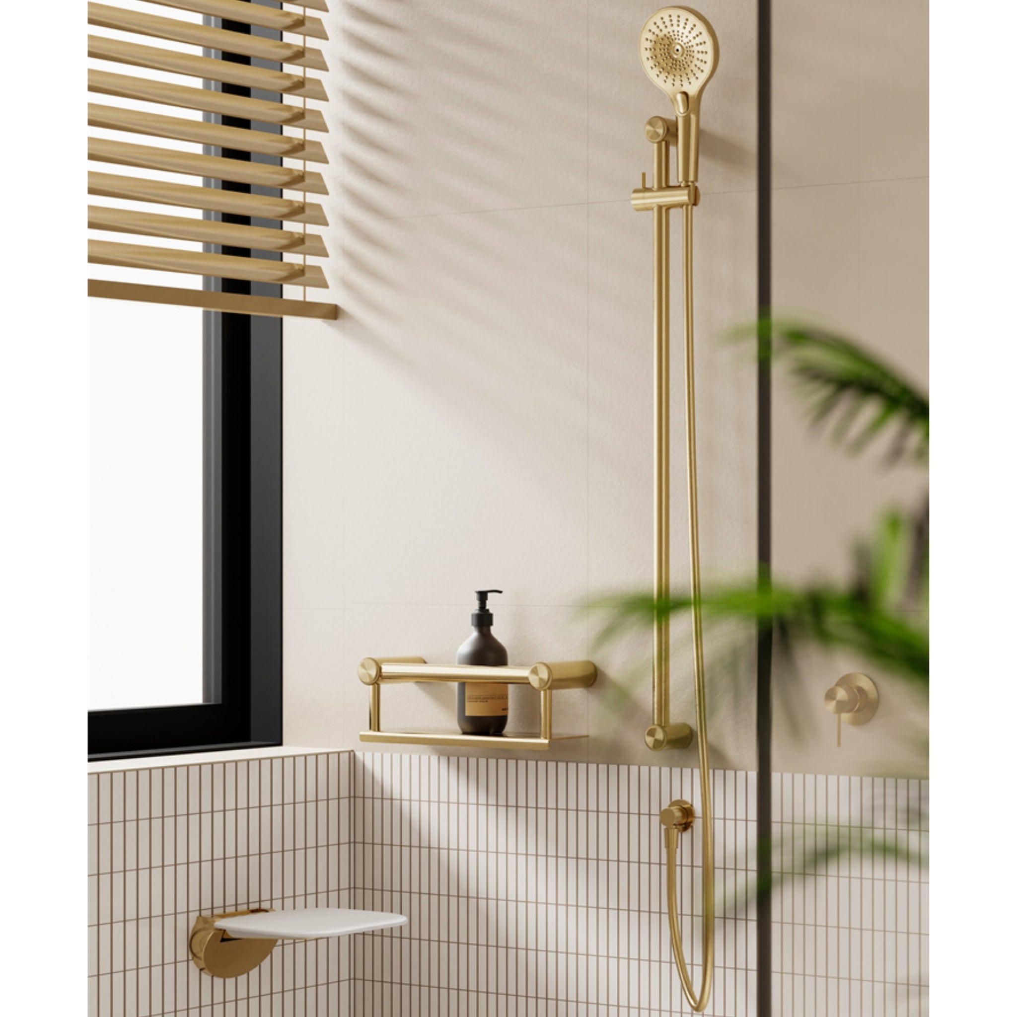 NERO MECCA CARE 25MM GRAB RAIL AND ADJUSTABLE SHOWER RAIL SET 900MM BRUSHED GOLD