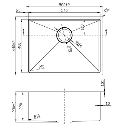 IKON EDEN SINGLE BOWL ABOVE / UNDERMOUNT SINK STAINLESS STEEL 540MM