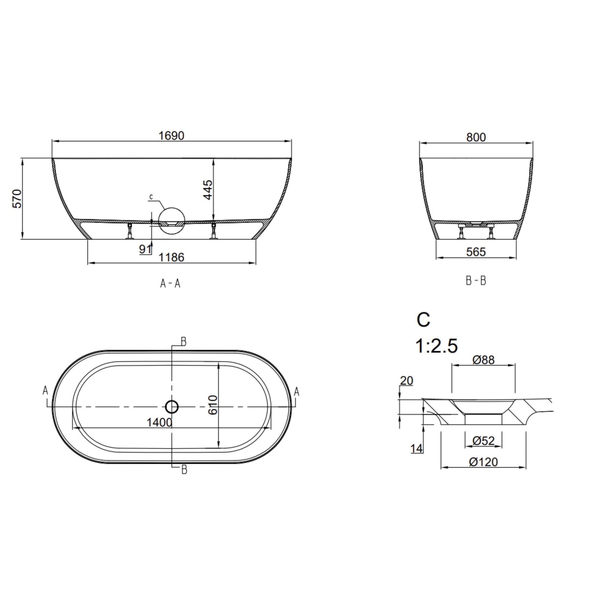 GARETH ASHTON BYRON FREESTANDING BATHTUB GLOSS WHITE (AVAILABLE IN 1500MM AND 1690MM)