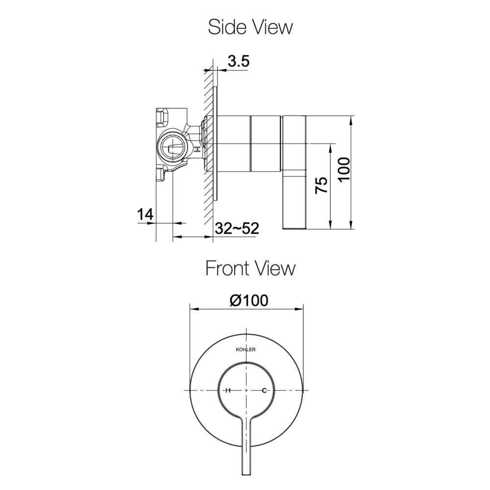 KOHLER COMPONENTS SHOWER / BATH WALL MIXER WITH LEVER HANDLE & VALVE COMPLETE KIT MATTE BLACK