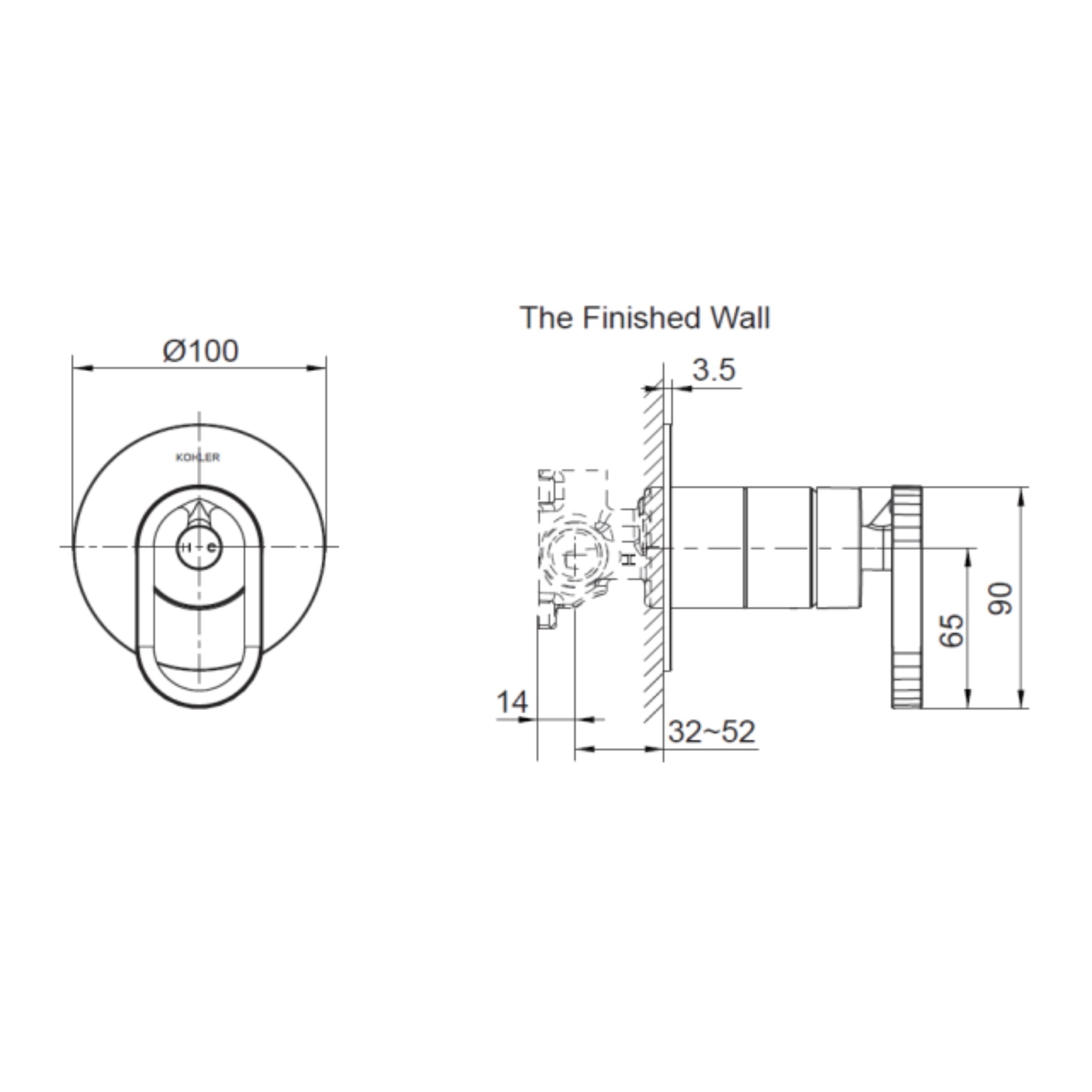 KOHLER COMPONENTS SHOWER / BATH WALL MIXER WITH INDUSTRIAL HANDLE & VALVE COMPLETE KIT CHROME