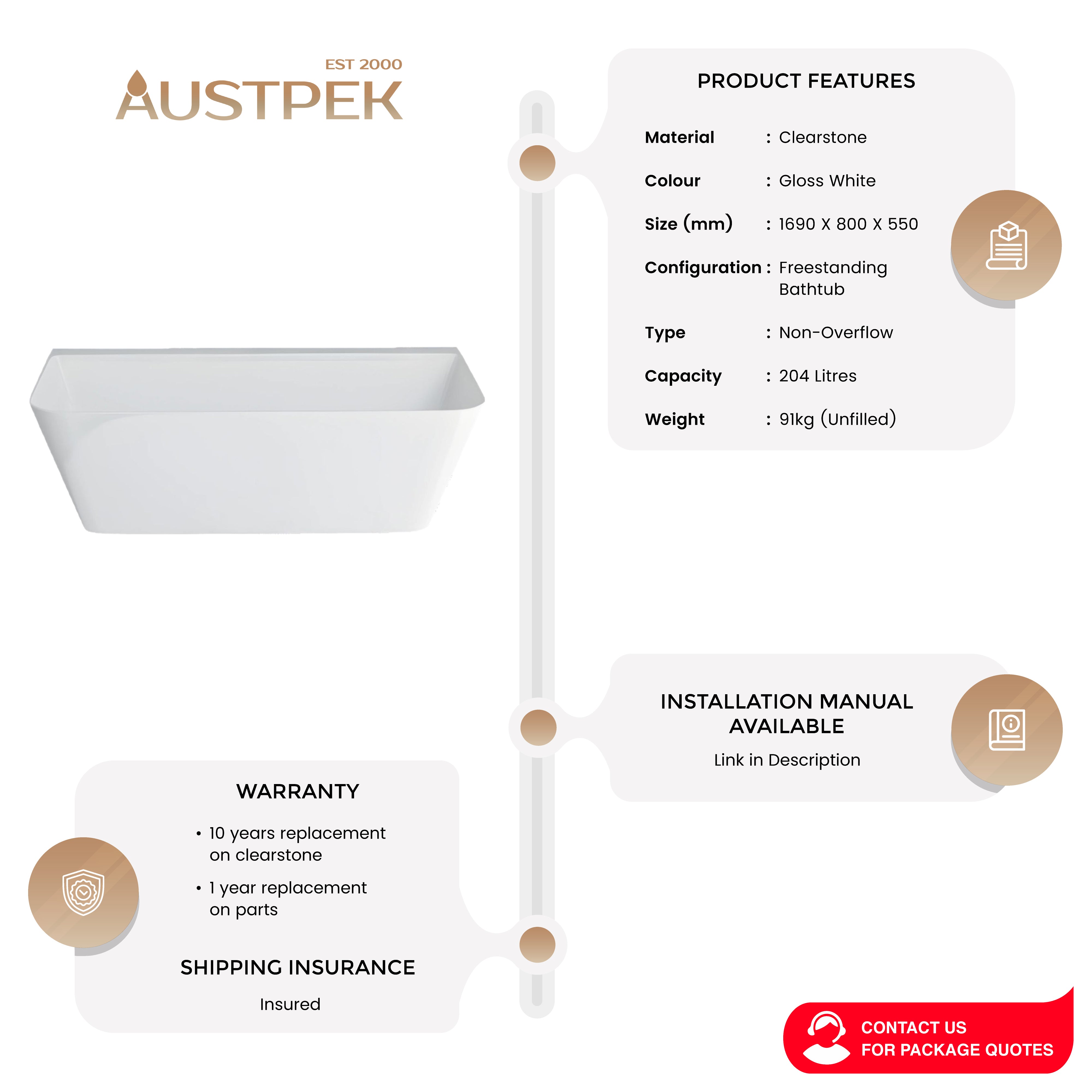 GARETH ASHTON PATINATO GRANDE FREESTANDING BATHTUB GLOSS WHITE 1690MM