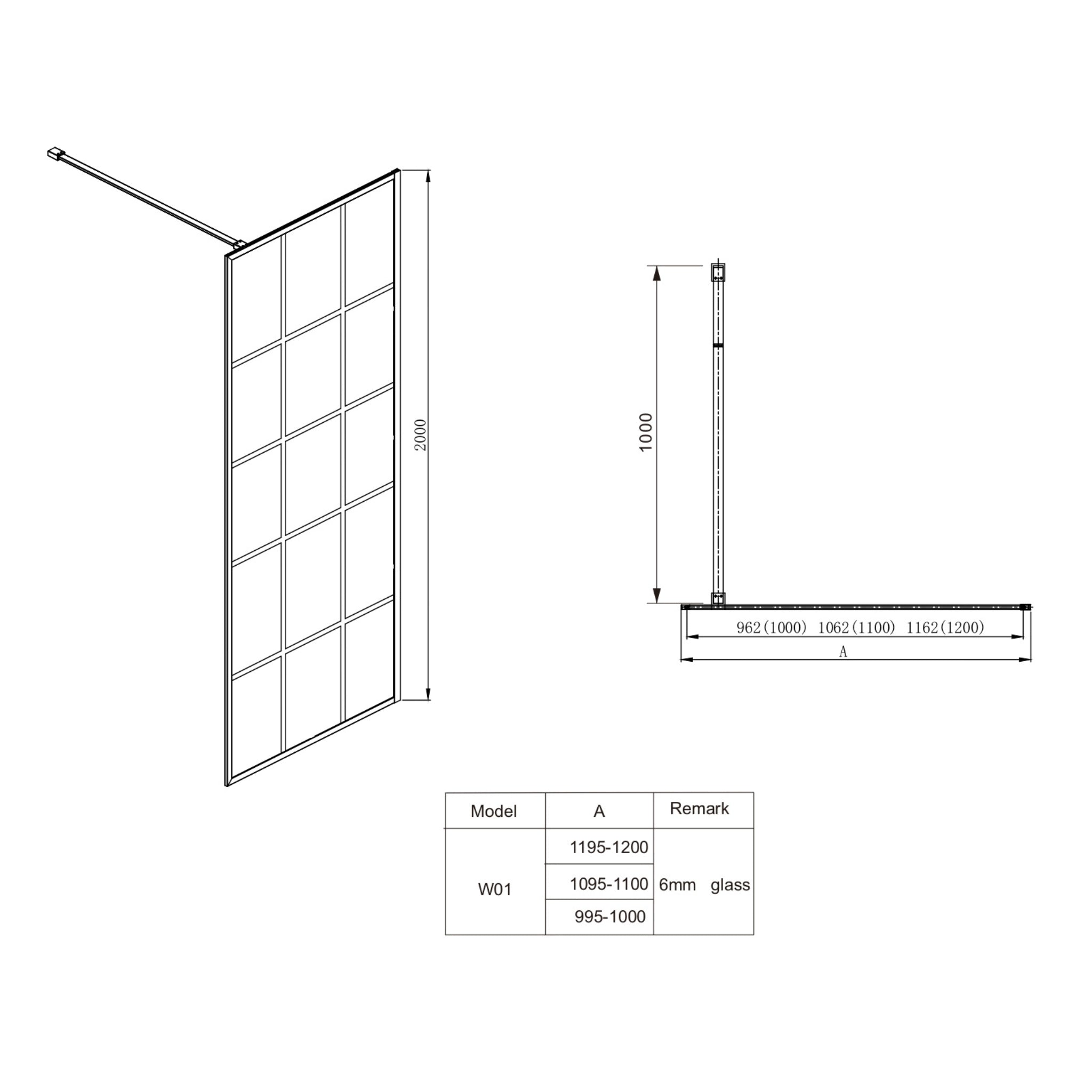 COVEY FRAMED 15 PRINTED GRILLS WALK IN SINGLE PANEL SHOWER SCREEN MATTE BLACK