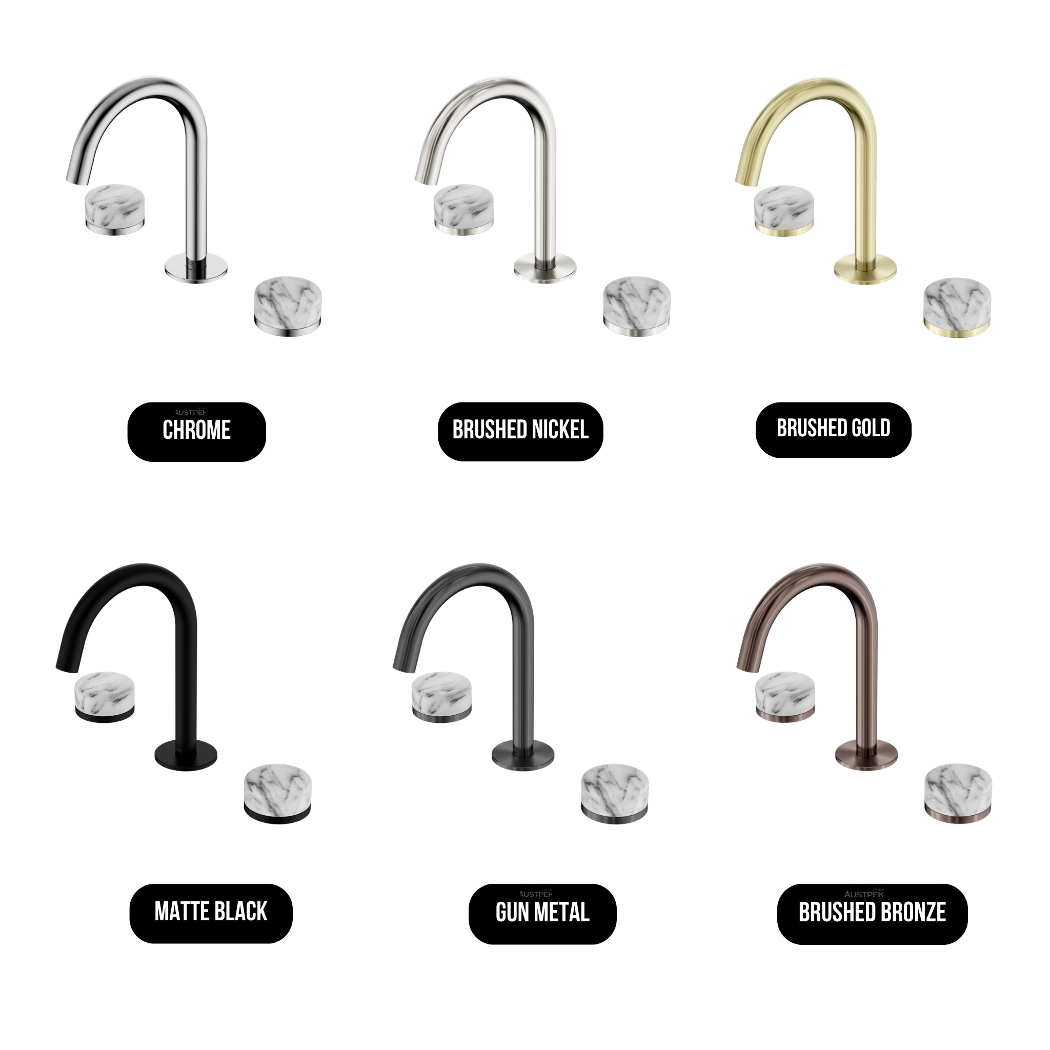 NERO SERENITY BASIN SET ARC SPOUT WITH ARABESCATO CORCHIA HANDLE 210MM BRUSHED GOLD