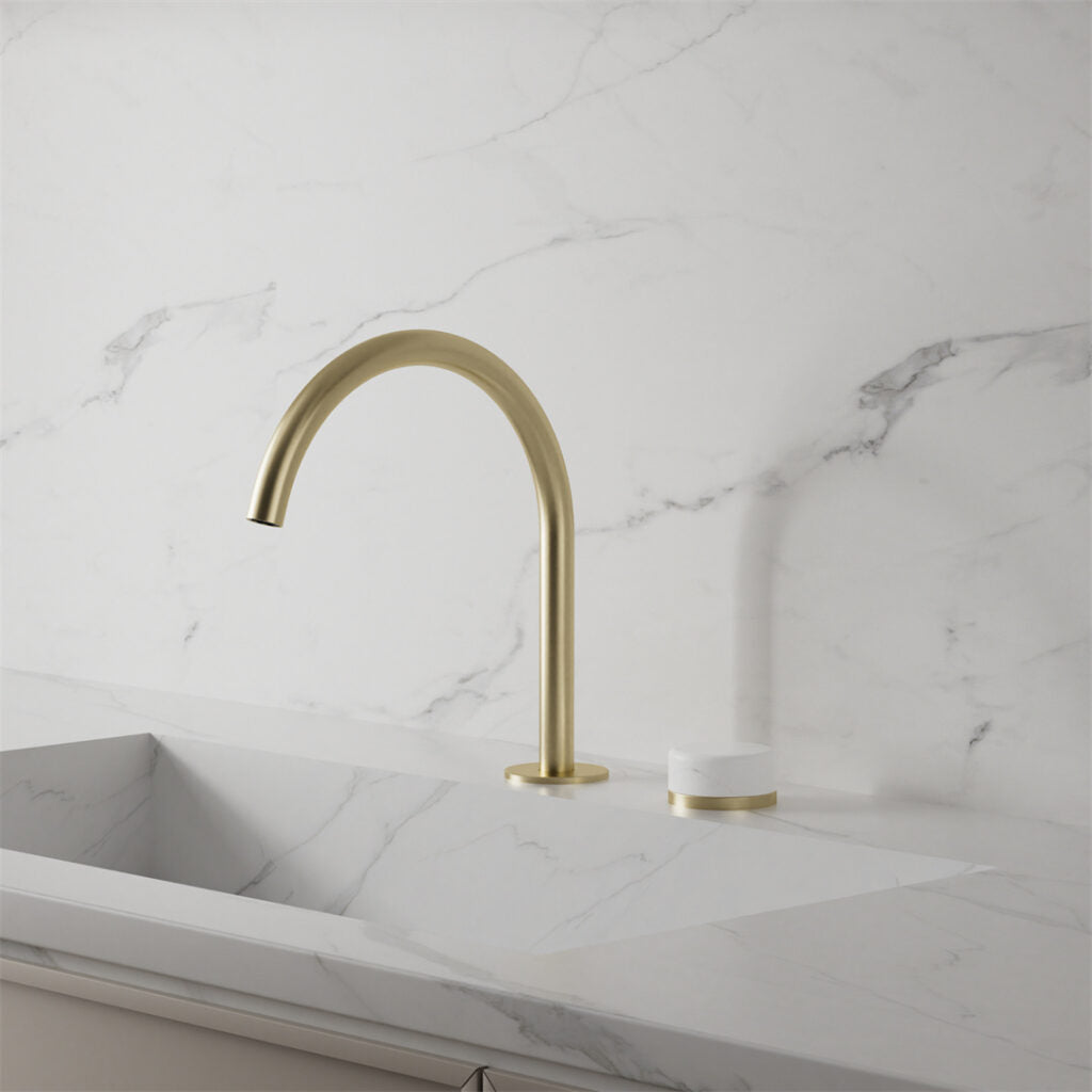 NERO SERENITY PROGRESSIVE BATH/KITCHEN MIXER ARC SPOUT WITH CARRARA HANDLE 260MM BRUSHED GOLD