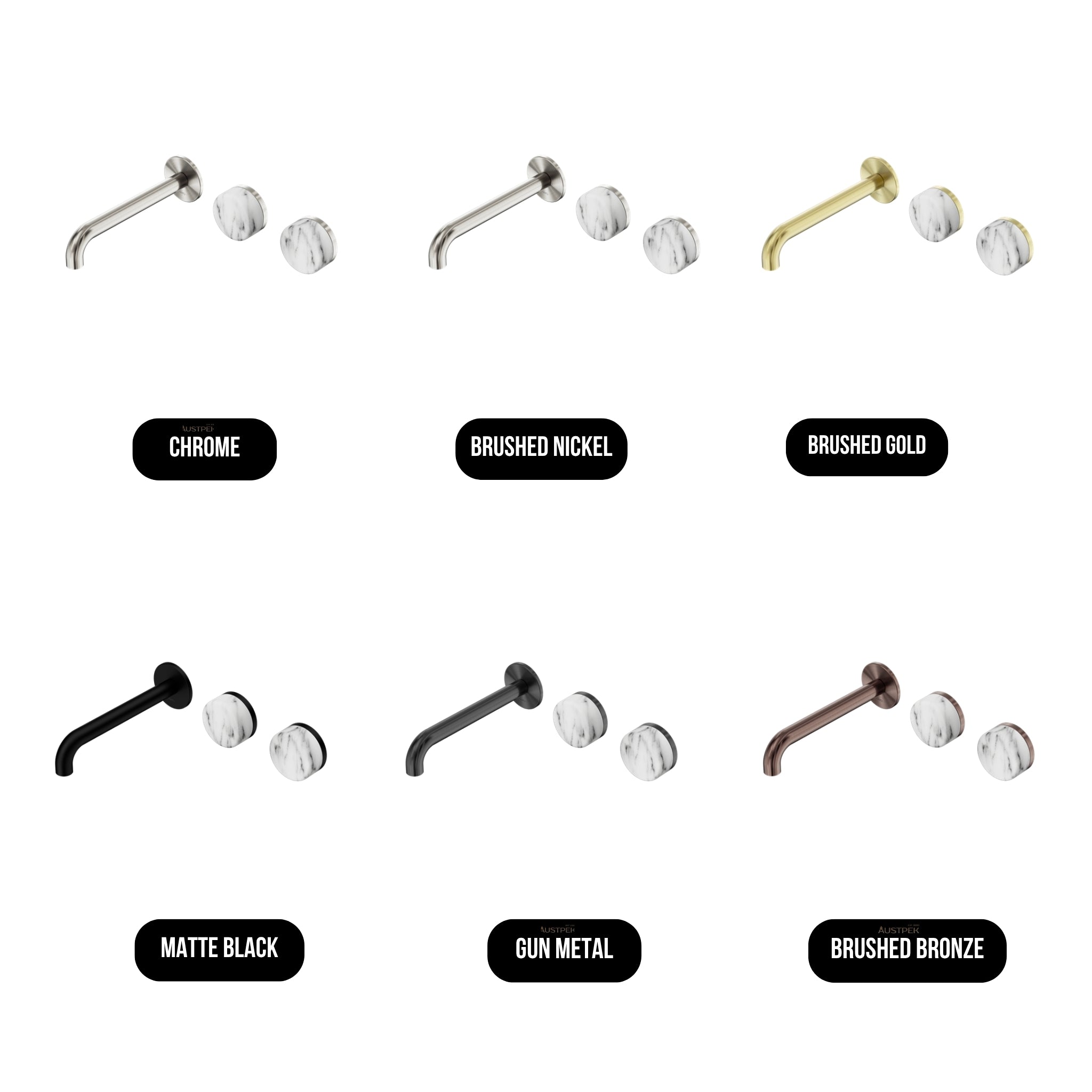 NERO SERENITY WALL BASIN SET OFFSET SPOUT WITH ARABESCATO CORCHIA HANDLE MATTE BLACK (AVAILABLE IN 160MM, 185MM AND 220MM)