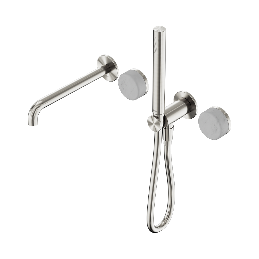 NERO SERENITY PROGRESSIVE SHOWER SYSTEM WITH SPOUT WITH CARRARA HANDLE AND SLIM SHOWER BRUSHED NICKEL