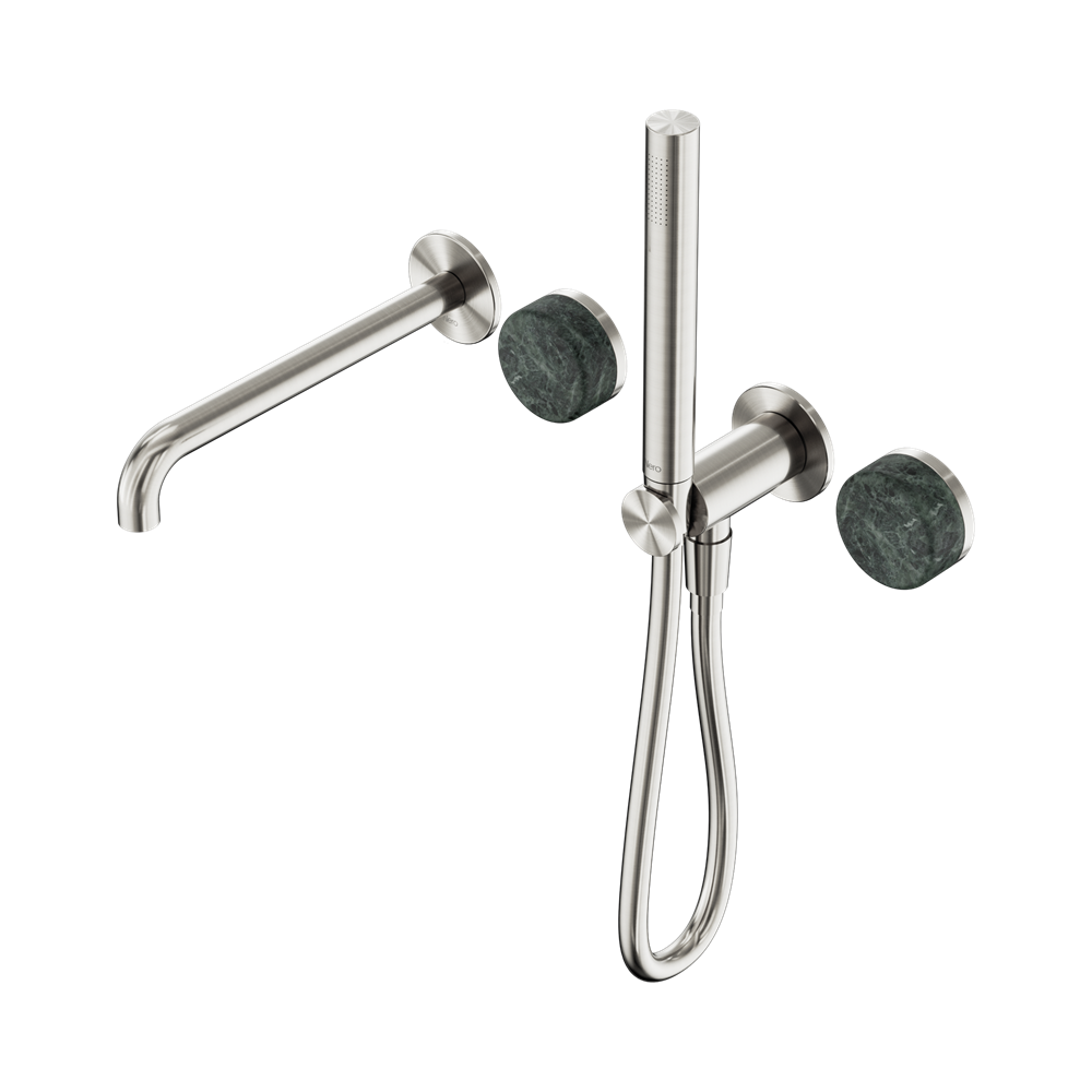NERO SERENITY PROGRESSIVE SHOWER SYSTEM WITH SPOUT WITH VERDE ALPI HANDLE AND SLIM SHOWER BRUSHED NICKEL