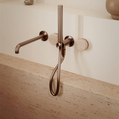 NERO SERENITY PROGRESSIVE SHOWER SYSTEM WITH SPOUT WITH ROME TRAVERTINE HANDLE AND SLIM SHOWER 220MM BRUSHED BRONZE