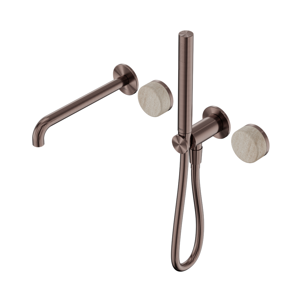 NERO SERENITY PROGRESSIVE SHOWER SYSTEM WITH SPOUT WITH ROME TRAVERTINE HANDLE AND SLIM SHOWER BRUSHED BRONZE