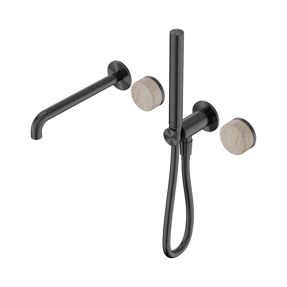 NERO SERENITY PROGRESSIVE SHOWER SYSTEM WITH SPOUT WITH ROME TRAVERTINE HANDLE AND SLIM SHOWER GUN METAL