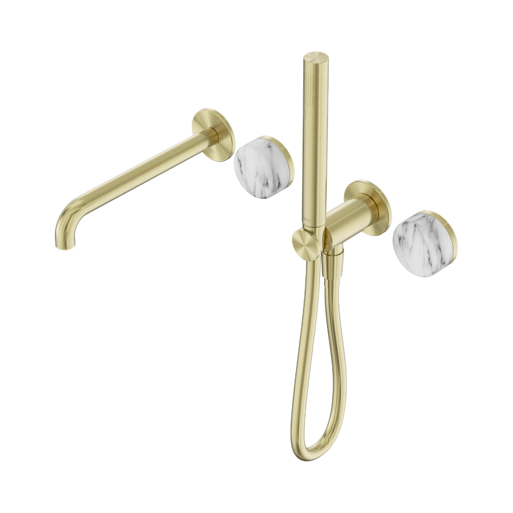 NERO SERENITY PROGRESSIVE SHOWER SYSTEM WITH SPOUT WITH ARABESCATO CORCHIA HANDLE AND SLIM SHOWER BRUSHED GOLD