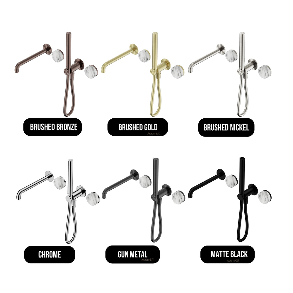 NERO SERENITY PROGRESSIVE SHOWER SYSTEM WITH SPOUT WITH ARABESCATO CORCHIA HANDLE AND SLIM SHOWER BRUSHED GOLD