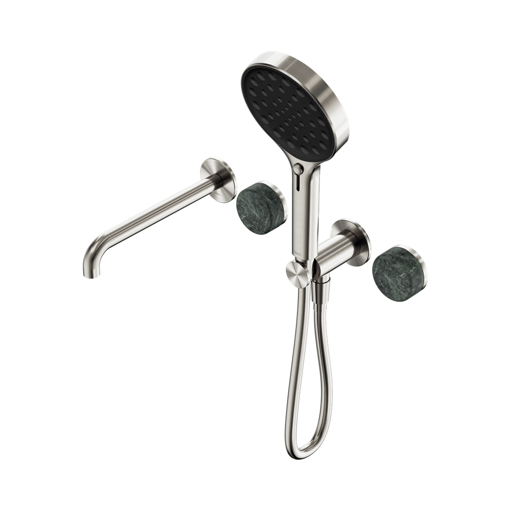 NERO SERENITY PROGRESSIVE SHOWER SYSTEM WITH SPOUT WITH VERDE ALPI HANDLE AND SERENITY HAND SHOWER BRUSHED NICKEL