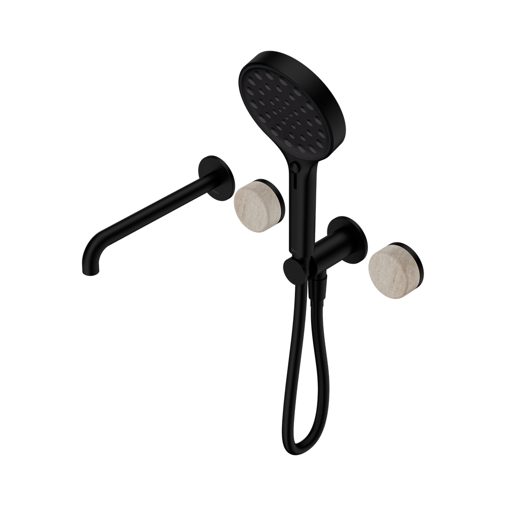 NERO SERENITY PROGRESSIVE SHOWER SYSTEM WITH SPOUT WITH ROME TRAVERTINE HANDLE AND SERENITY HAND SHOWER MATTE BLACK