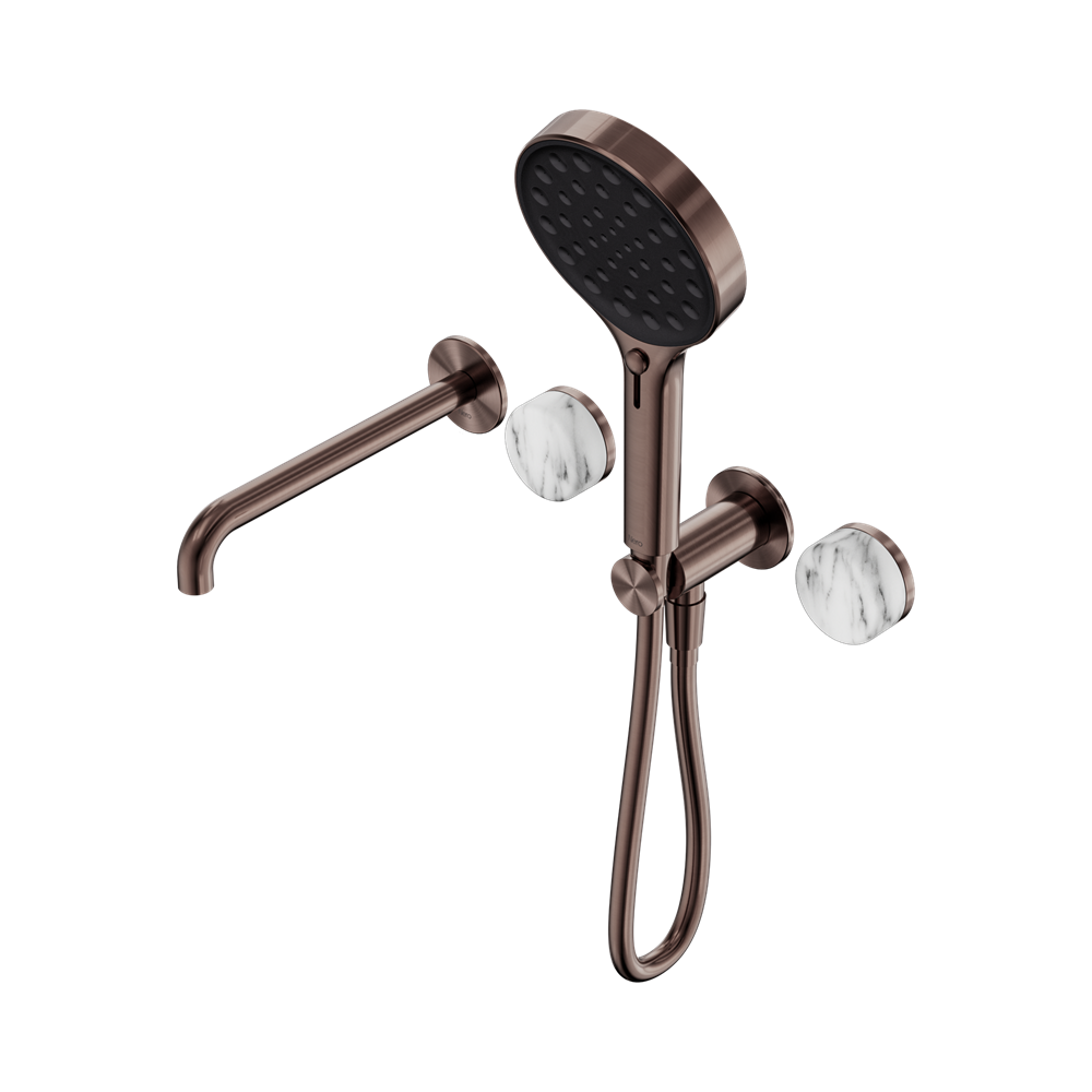 NERO SERENITY PROGRESSIVE SHOWER SYSTEM WITH SPOUT WITH ARABESCATO CORCHIA HANDLE AND SERENITY HAND SHOWER BRUSHED BRONZE