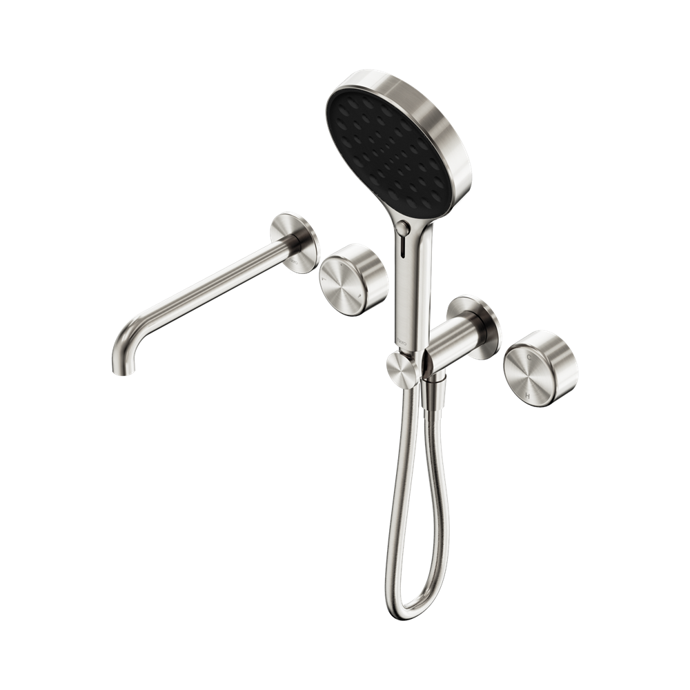 NERO SERENITY PROGRESSIVE SHOWER SYSTEM WITH SPOUT WITH METAL HANDLE AND SERENITY HAND SHOWER BRUSHED NICKEL