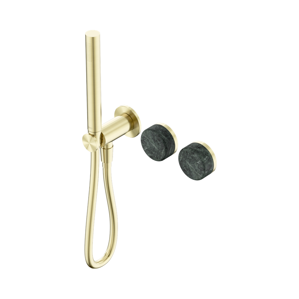 NERO SERENITY PROGRESSIVE SHOWER SYSTEM WITH VERDE ALPI HANDLE AND SLIM SHOWER BRUSHED GOLD