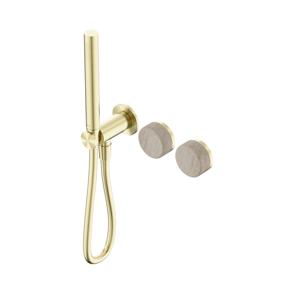 NERO SERENITY PROGRESSIVE SHOWER SYSTEM WITH ROME TRAVERTINE HANDLE AND SLIM SHOWER BRUSHED GOLD