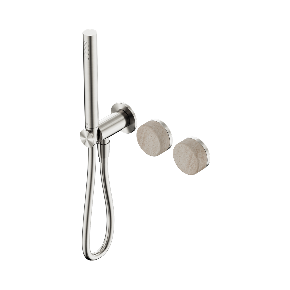 NERO SERENITY PROGRESSIVE SHOWER SYSTEM WITH ROME TRAVERTINE HANDLE AND SLIM SHOWER BRUSHED NICKEL