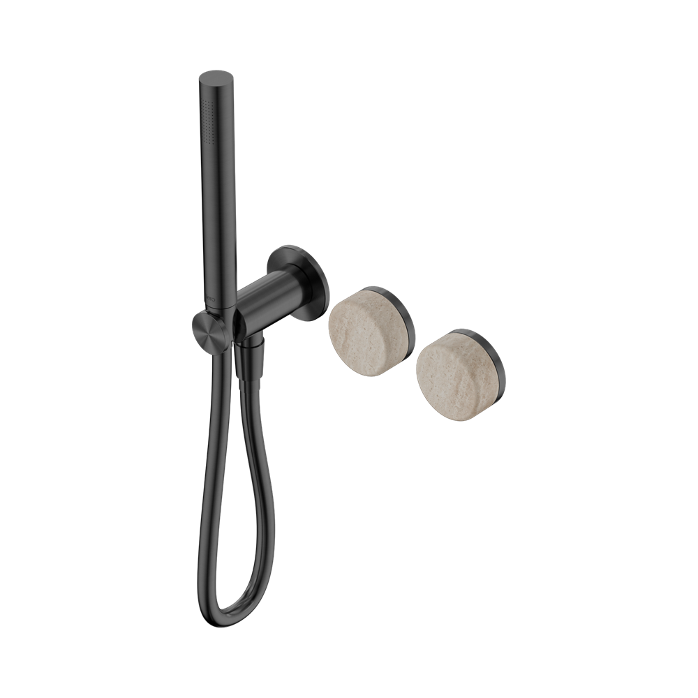 NERO SERENITY PROGRESSIVE SHOWER SYSTEM WITH ROME TRAVERTINE HANDLE AND SLIM SHOWER GUN METAL